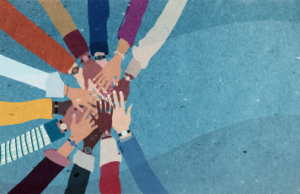 Group of arms and hands in a circle of multiethnic diverse people. People of different cultures. Cooperation trust help and support. Diversity people. Community. Agreement between colleagues. Allyship. Ally